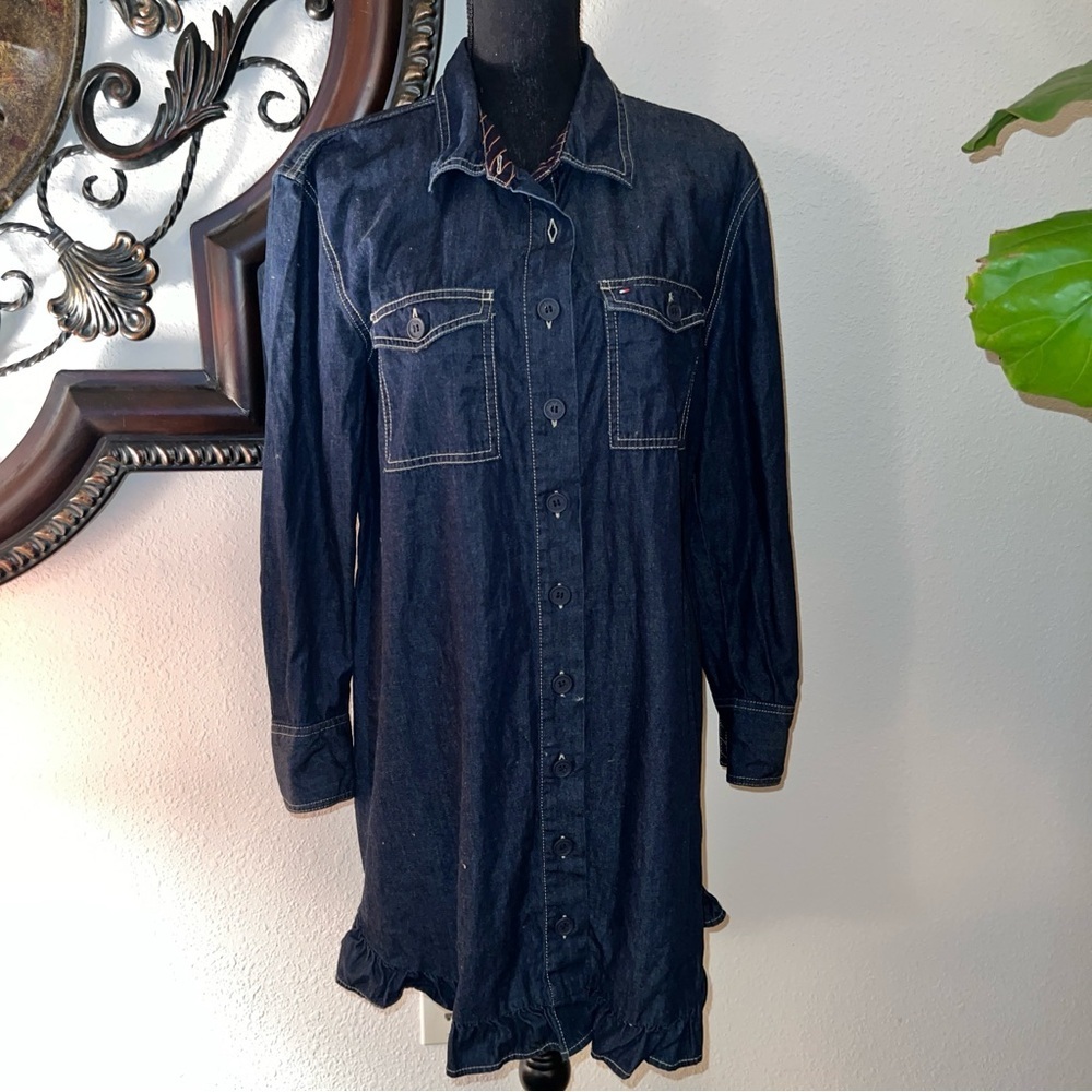 Tommy Hilfiger Women’s Denim T-Shirt Button Down  Dress Ruffle Hem Long Sleeve